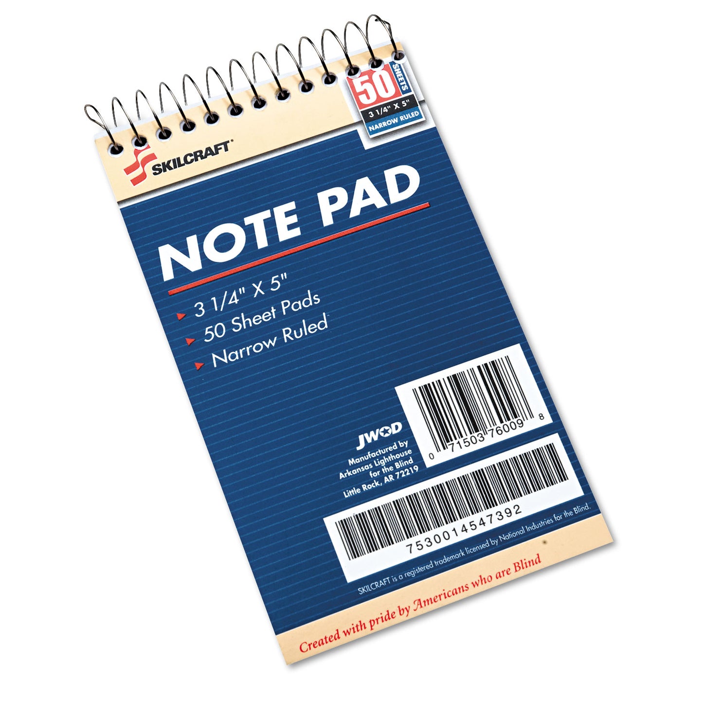 AbilityOne 7530014547392, SKILCRAFT Notepad, Narrow Rule, Blue Cover, 50 White 3.25 x 5.5 Sheets, Dozen