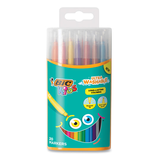 BIC Kids Ultra Washable Markers, Plastic Tube, Medium Bullet Tip, Assorted Colors, 20/Pack (BKCMD20AST)