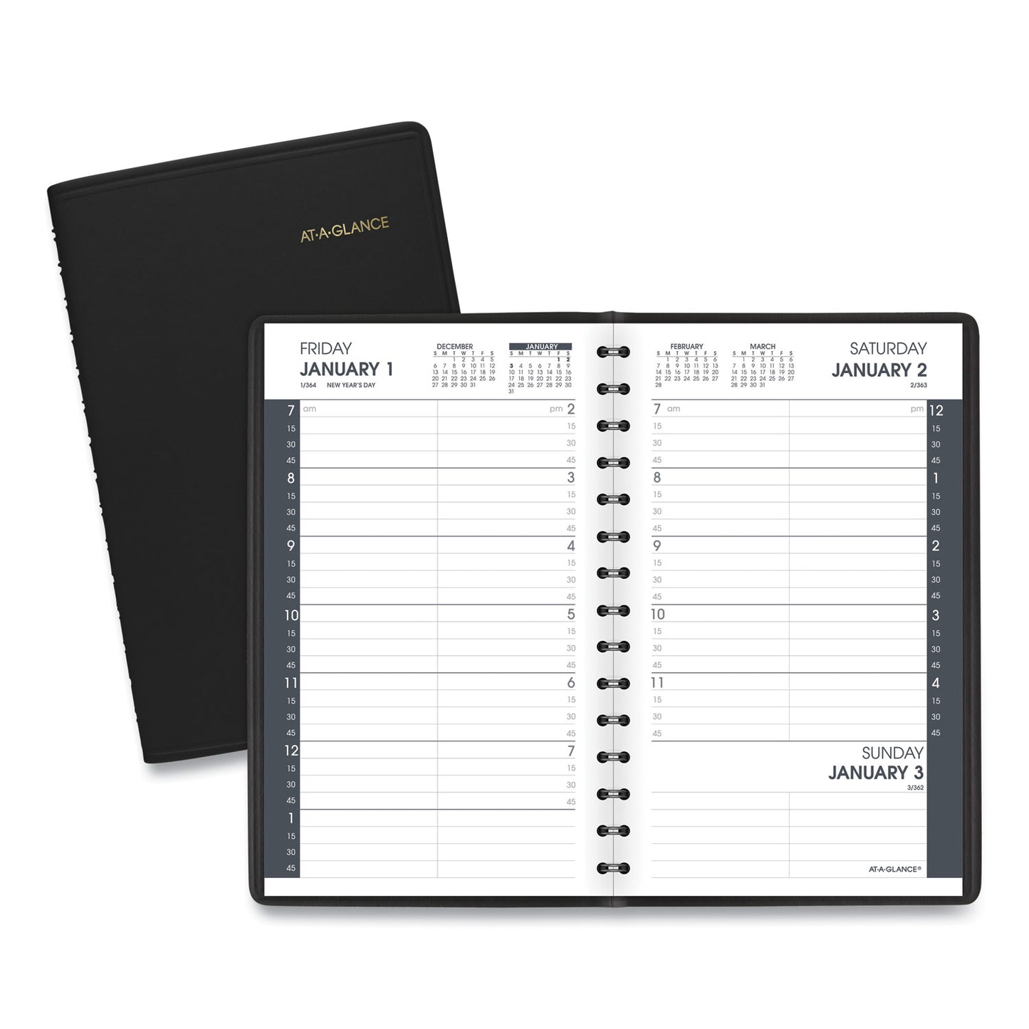 AT-A-GLANCE Daily Appointment Book with 15-Minute Appointments, One Day/Page: Mon to Sun, 8 x 5, Black Cover, 12-Month (Jan to Dec): 2025 (7080005)