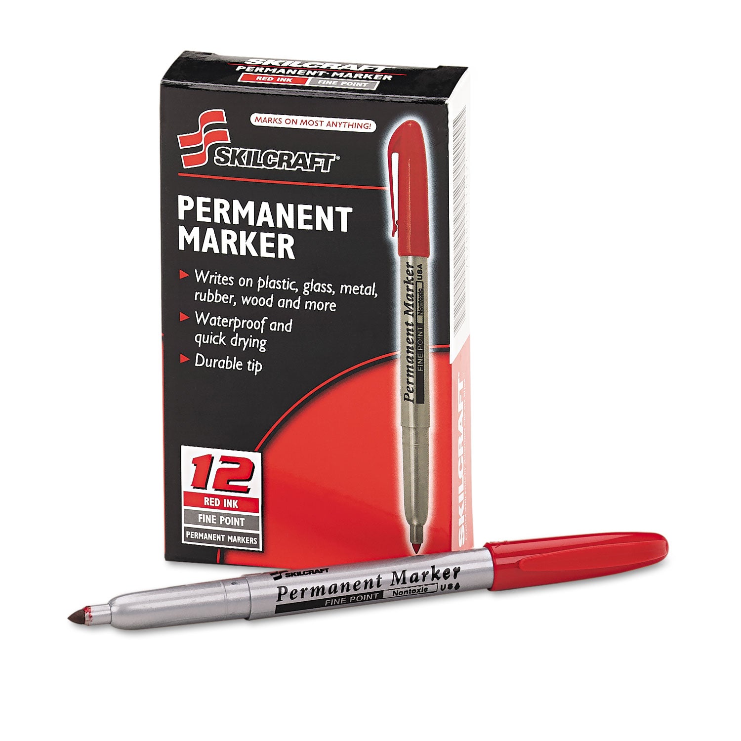 AbilityOne 7520015114324, SKILCRAFT Fine Point Permanent Marker, Fine Bullet Tip, Red, Dozen