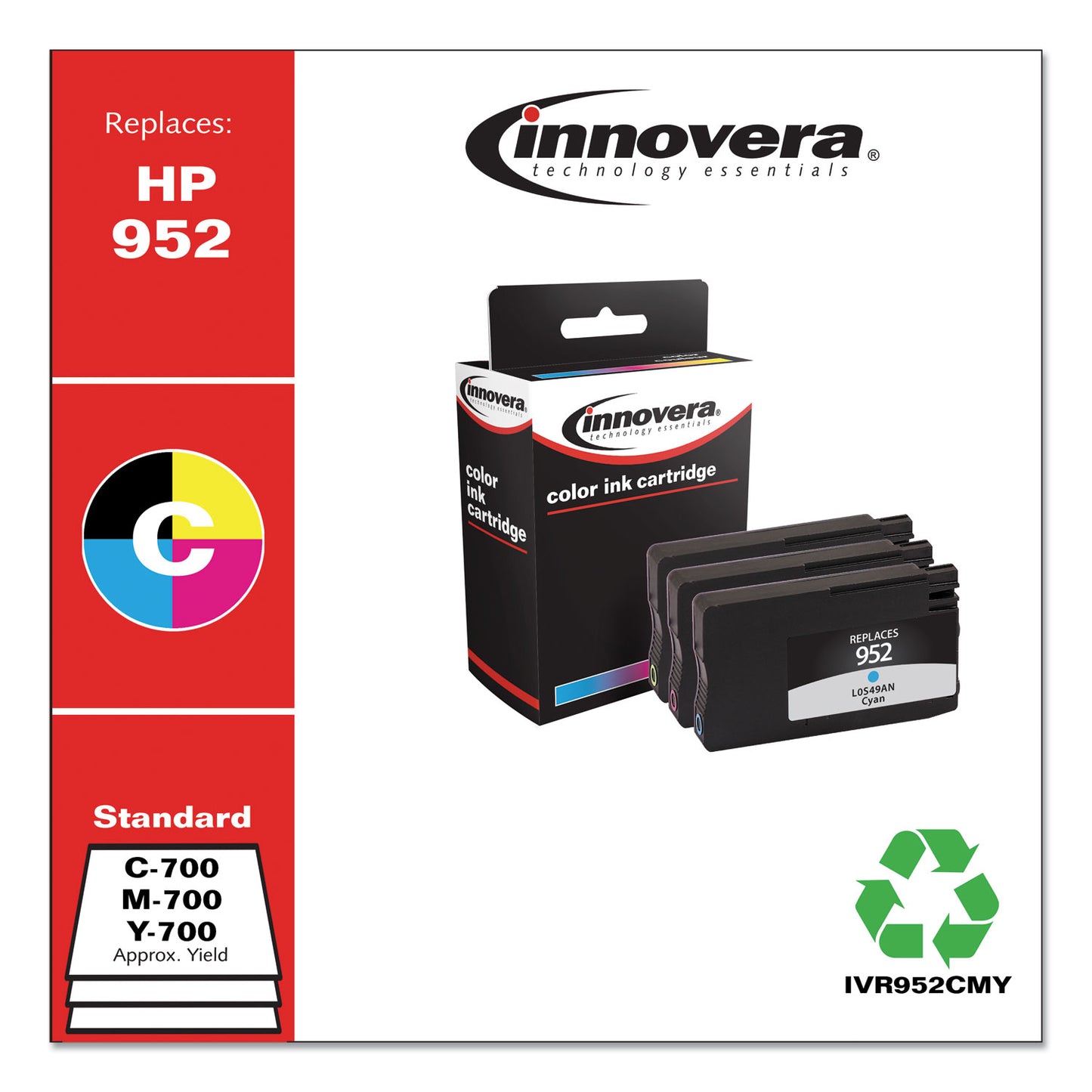 Innovera Remanufactured Cyan/Magenta/Yellow Ink, Replacement for 952 (N9K27AN), 700 Page-Yield (952CMY)