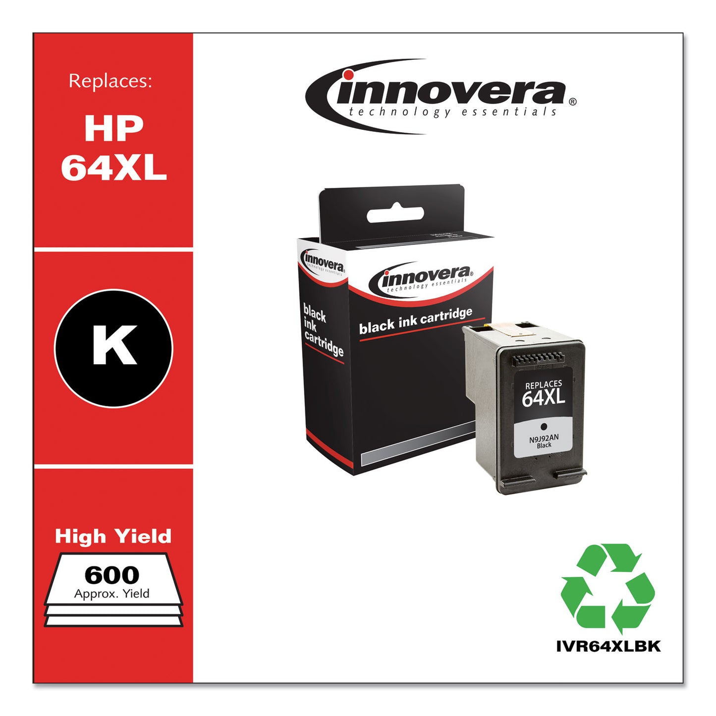 Innovera Remanufactured Black High-Yield Ink, Replacement for 64XL (N9J92AN), 600 Page-Yield (64XLBK)