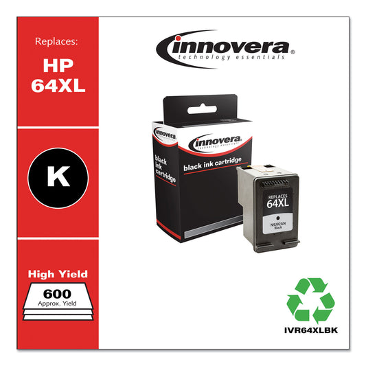 Innovera Remanufactured Black High-Yield Ink, Replacement for 64XL (N9J92AN), 600 Page-Yield (64XLBK)