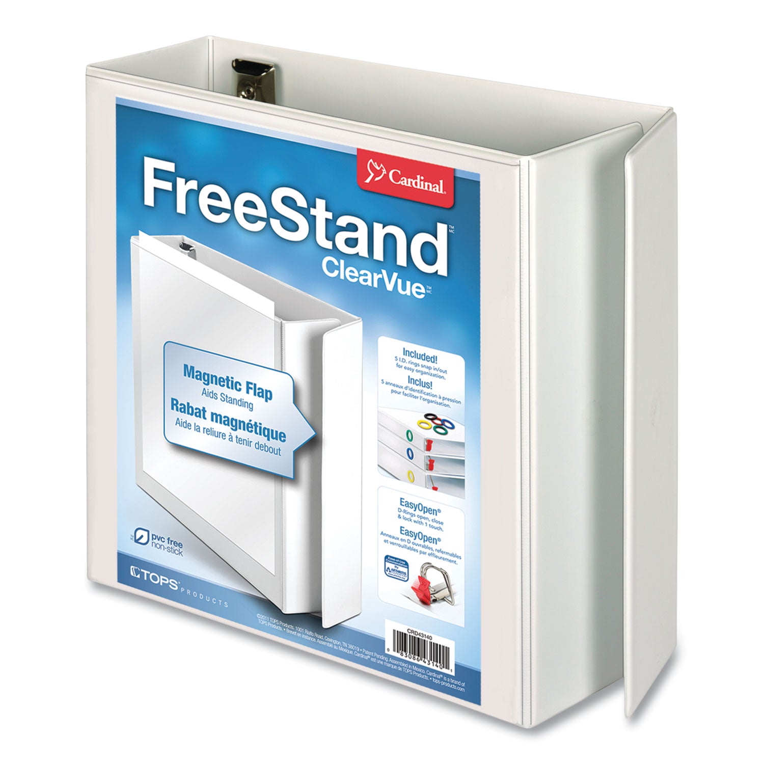 Cardinal FreeStand Easy Open Locking Slant-D Ring Binder, 3 Rings, 4" Capacity, 11 x 8.5, White (43140CB)