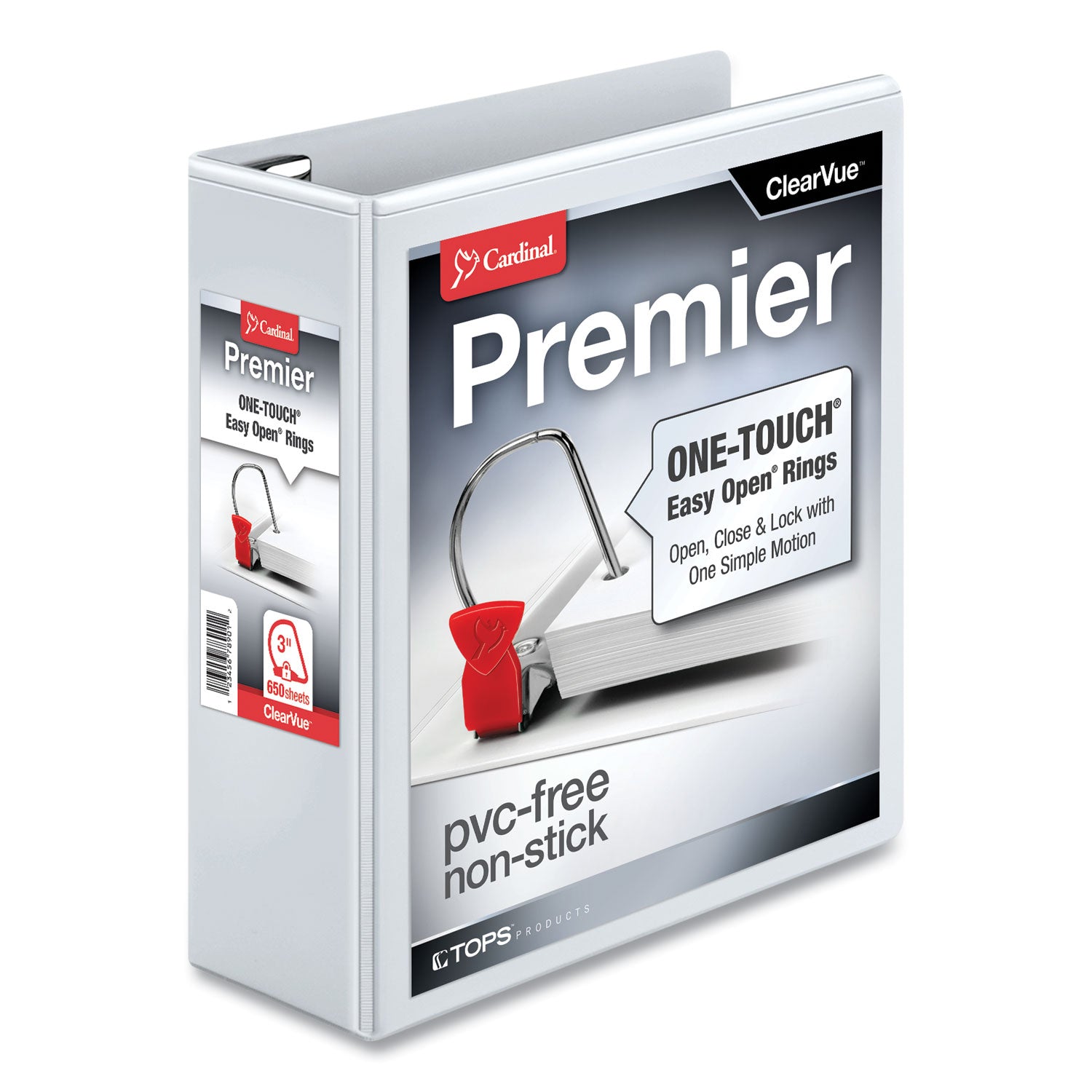 Cardinal Premier Easy Open ClearVue Locking Slant-D Ring Binder, 3 Rings, 3" Capacity, 11 x 8.5, White (10330)