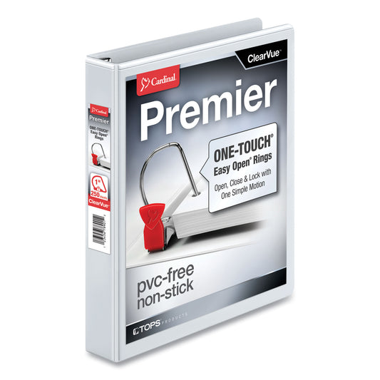 Cardinal Premier Easy Open ClearVue Locking Slant-D Ring Binder, 3 Rings, 1" Capacity, 11 x 8.5, White (10300)