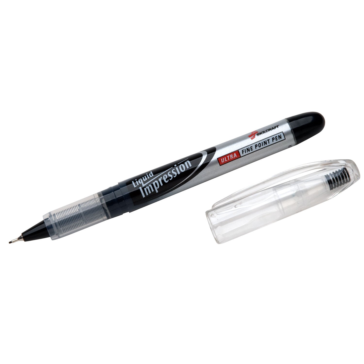 AbilityOne 7520015194373, SKILCRAFT Liquid Impression Porous Point Pen, Stick, Fine 0.4 mm, Black Ink, Silver/Clear/Black Barrel, Dozen
