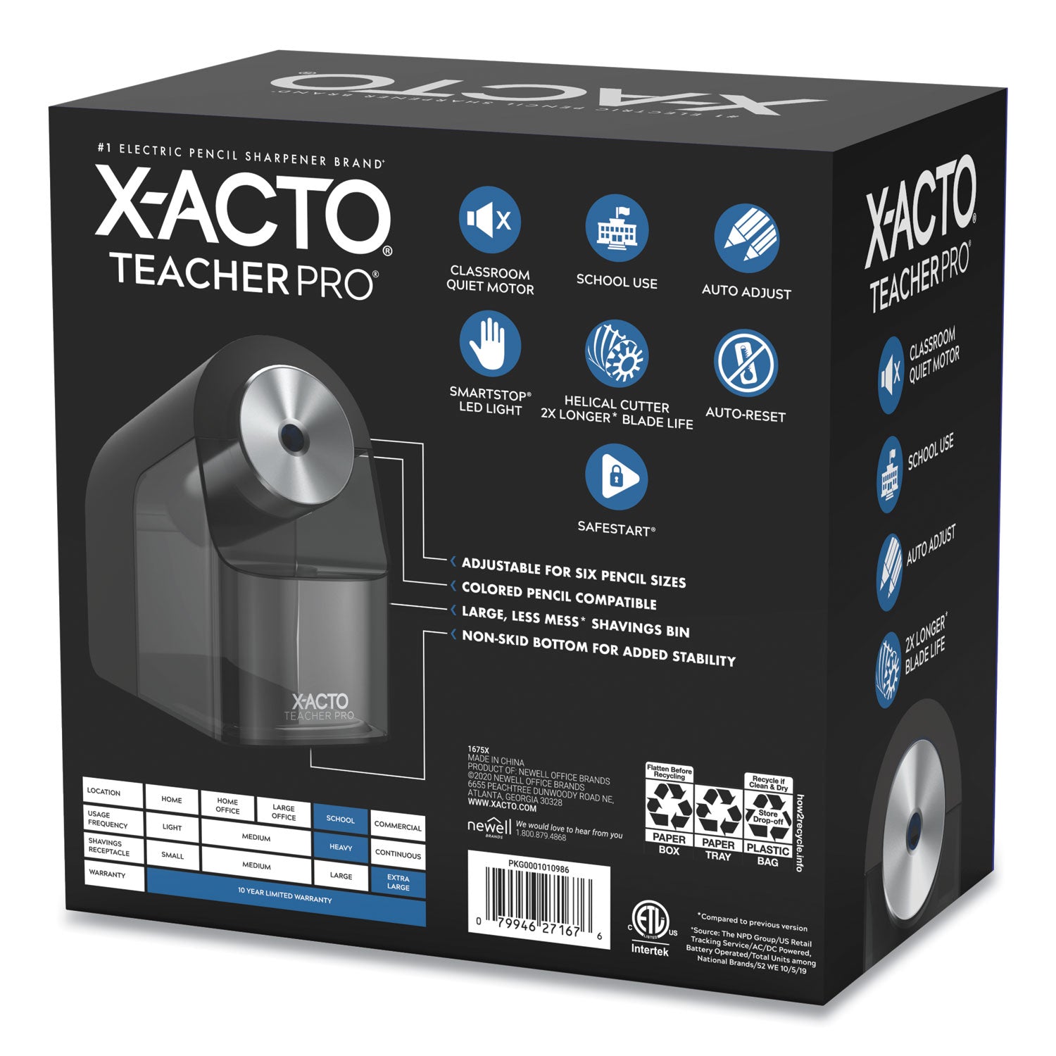 X-ACTO Model 1675 TeacherPro Classroom Electric Pencil Sharpener, AC-Powered, 4 x 7.5 x 8, Black/Silver/Smoke (1675X)