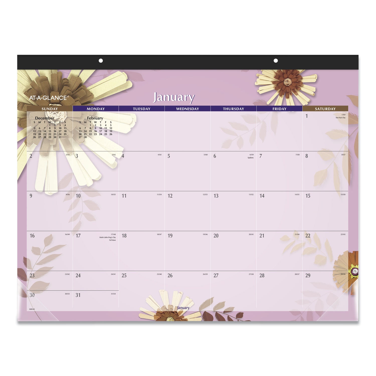 AT-A-GLANCE Paper Flowers Desk Pad, Floral Artwork, 22 x 17, Black Binding, Clear Corners, 12-Month (Jan to Dec): 2025 (5035)