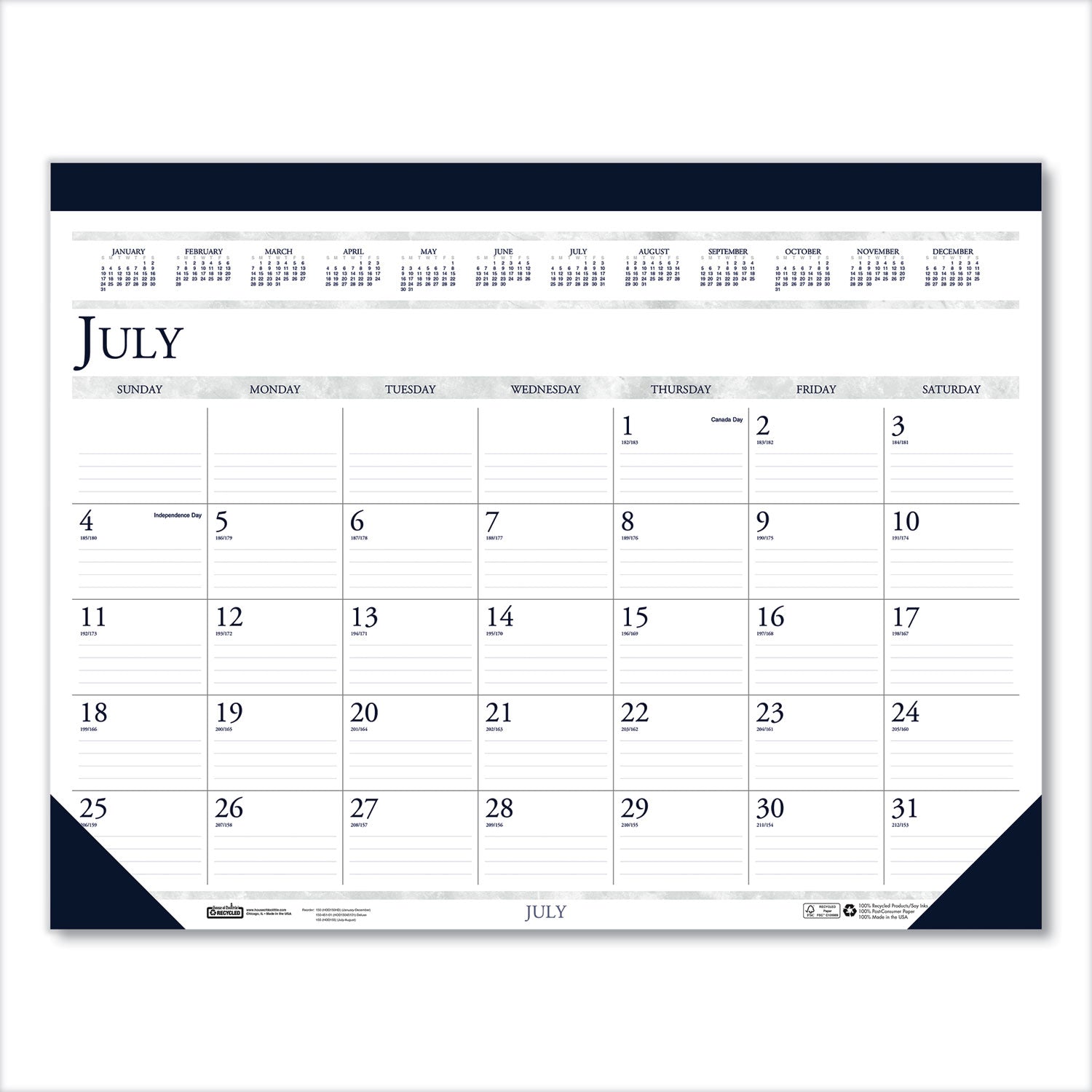 House of Doolittle Recycled Academic Desk Pad Calendar, 22 x 17, White/Blue Sheets, Blue Binding/Corners, 14-Month (July to Aug): 2024 to 2025 (155HD)