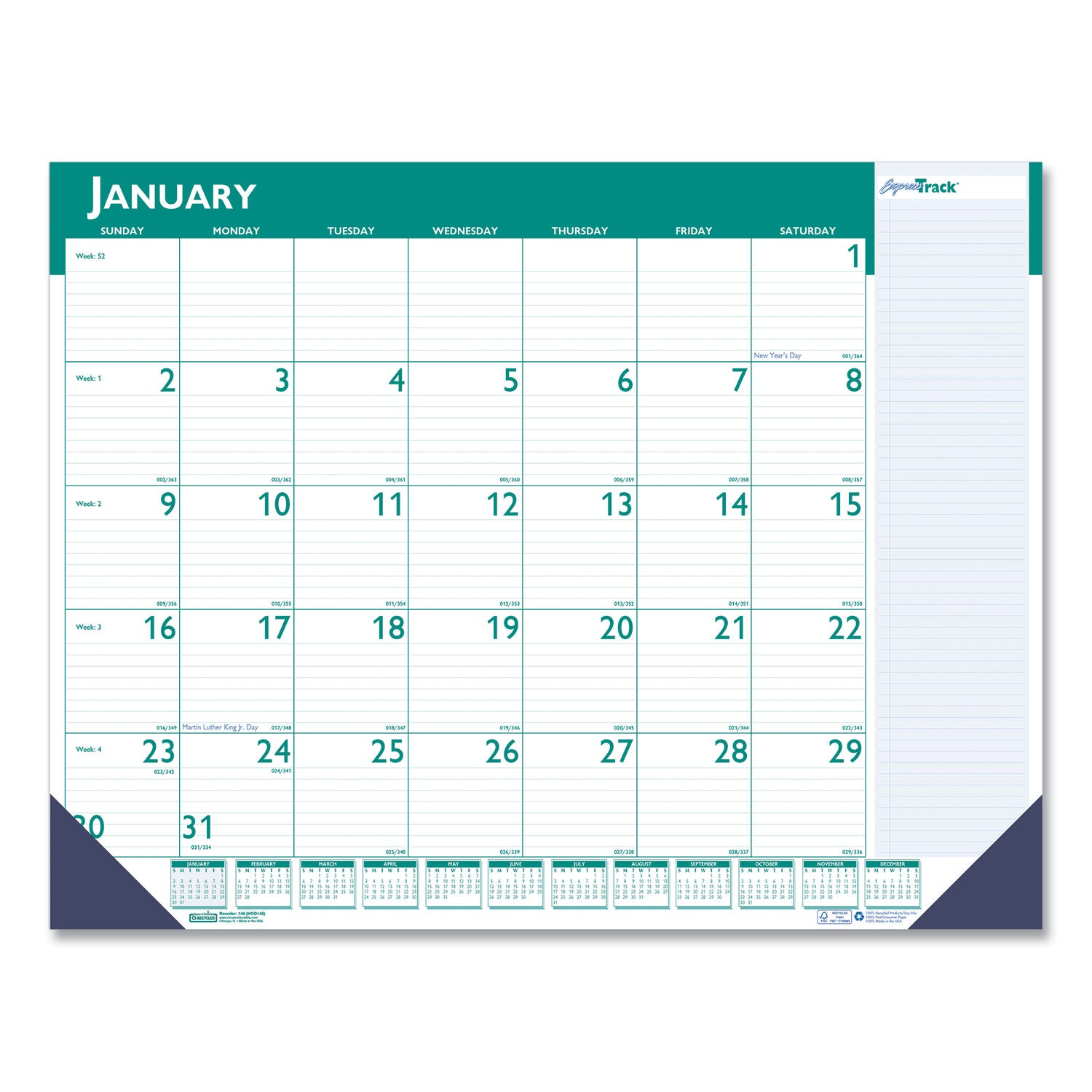 House of Doolittle Express Track Monthly Desk Pad Calendar, 22 x 17, White/Teal Sheets, Teal Binding, 13-Month: Jan 2025 to Jan 2026 (148)