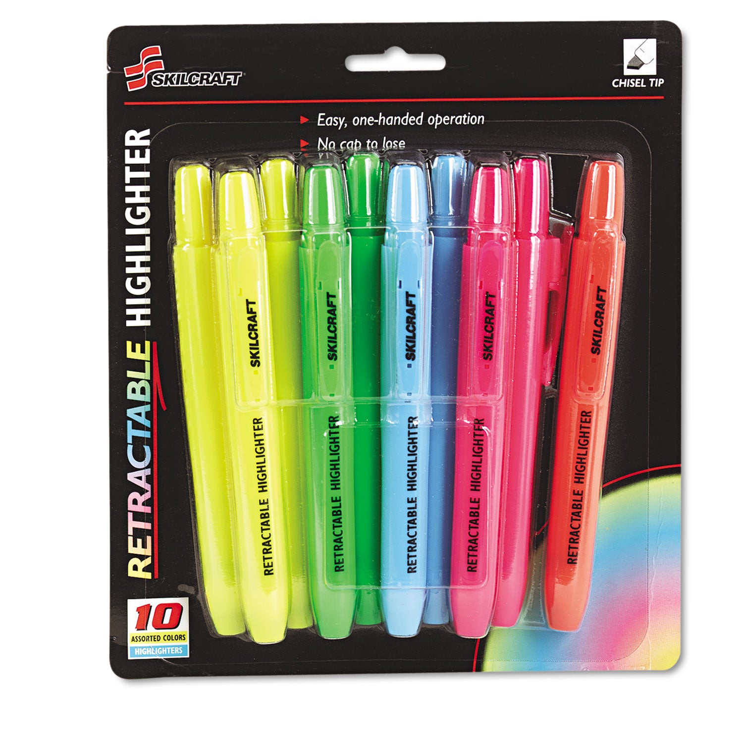 AbilityOne 7520015548208, SKILCRAFT Retractable Highlighter, Assorted Ink Colors, Chisel Tip, Assorted Barrel Colors, 10/Set