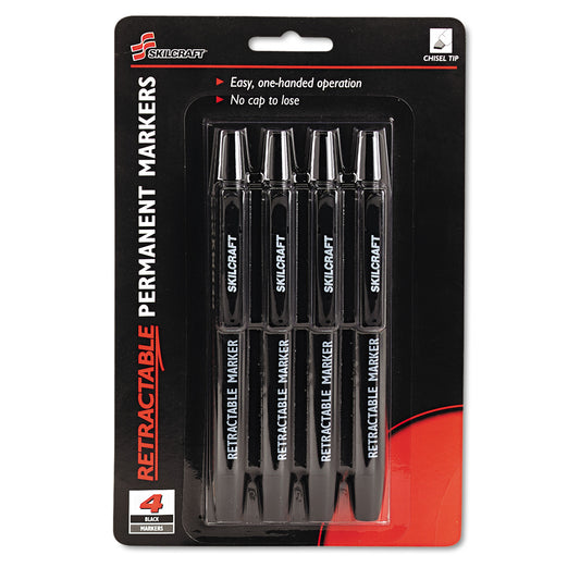 AbilityOne 7520015550297, SKILCRAFT Retractable Permanent Marker, Broad Chisel Tip, Black, 4/Pack