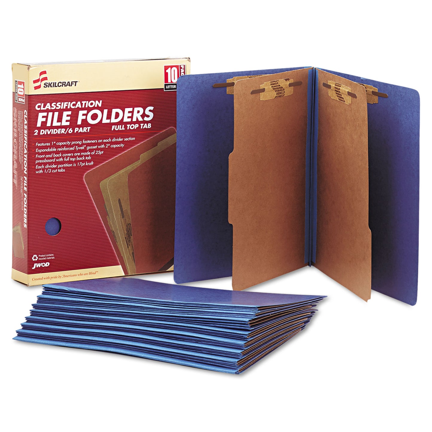 AbilityOne 7530015567914, SKILCRAFT Pressboard Top Tab Classification Folder, 2 Dividers, 6 Fasteners, Letter Size, Dark Blue, 10/Box