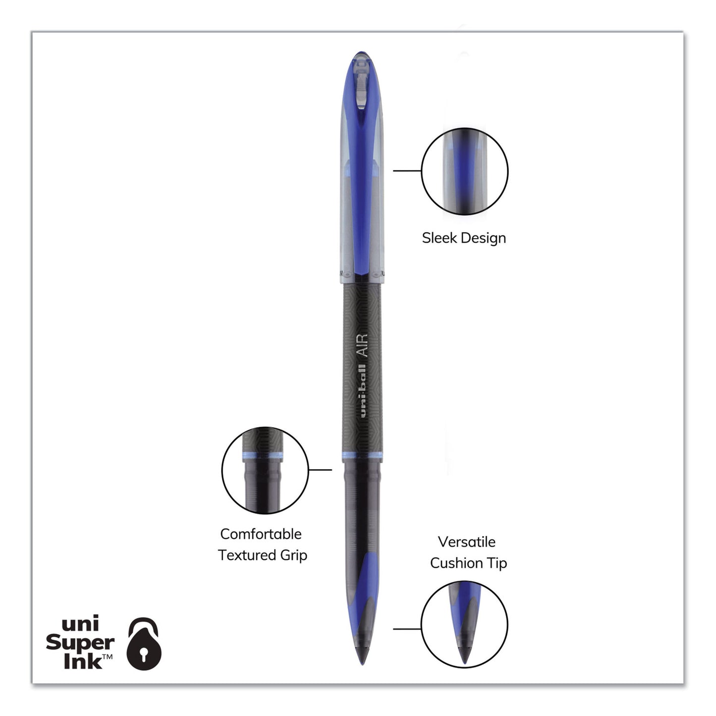 uni-ball AIR Porous Gel Pen, Stick, Medium 0.7 mm, Blue Ink, Black/Blue Barrel, 3/Pack (1926810)