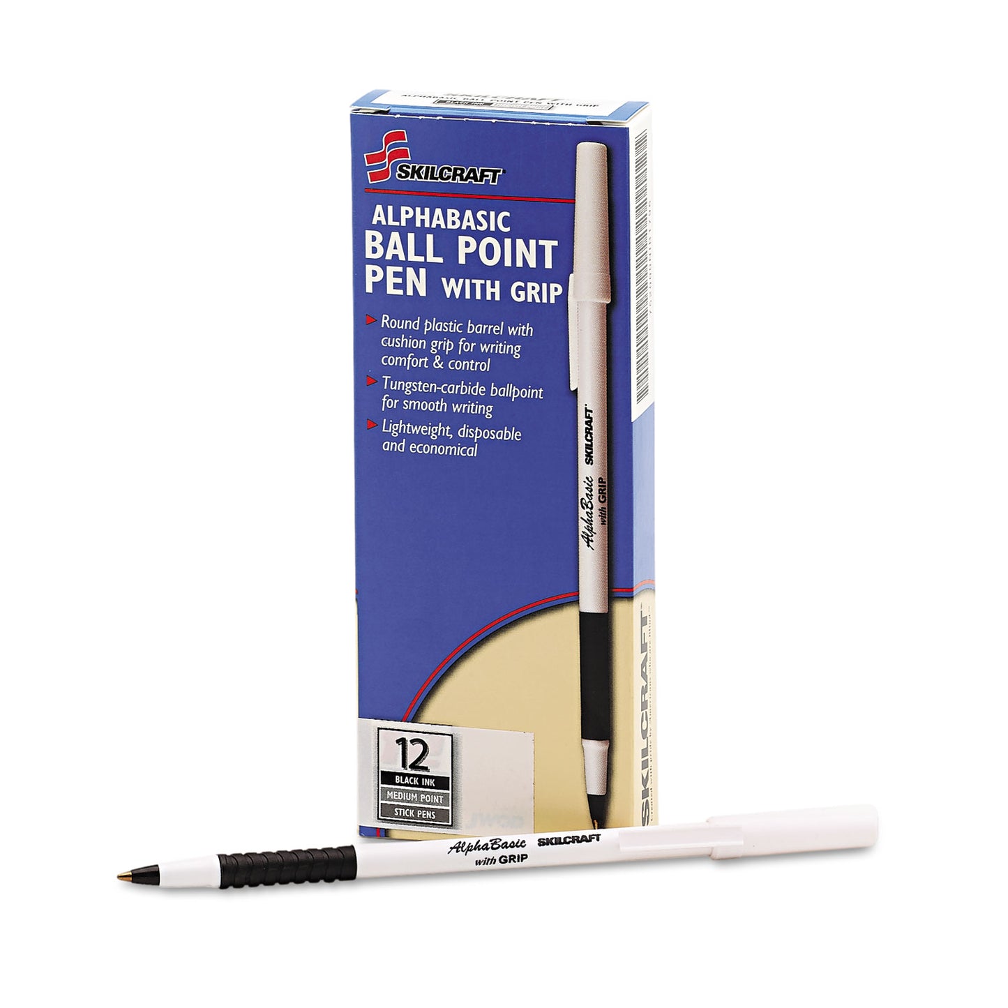 AbilityOne 7520015573155, SKILCRAFT AlphaBasic Ballpoint Pen, Stick, Medium 1 mm, Black Ink, White Barrel, Dozen