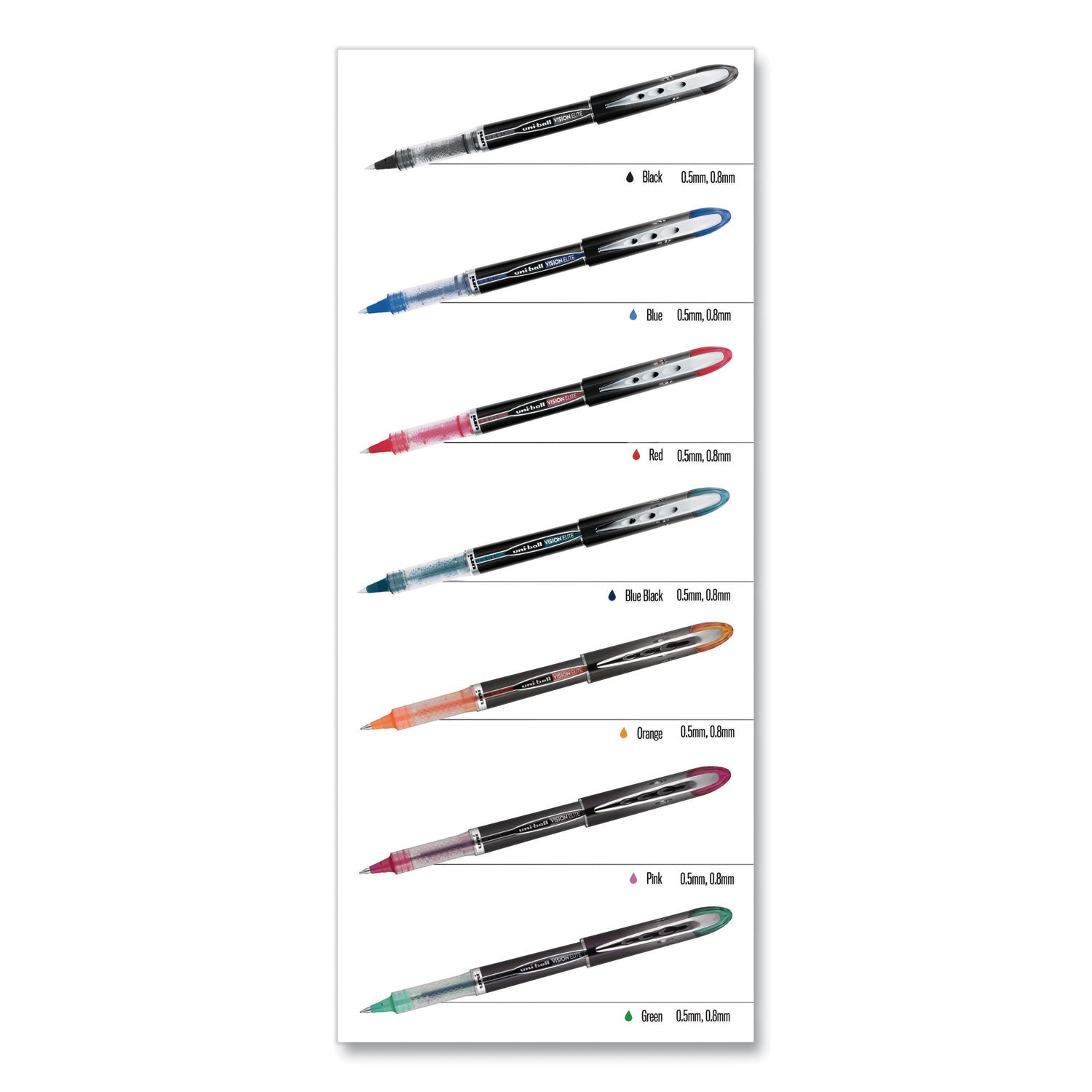 uni-ball VISION ELITE Hybrid Gel Pen, Stick, Bold 0.8 mm, Assorted Ink and Barrel Colors, 8/Pack (90199PP)