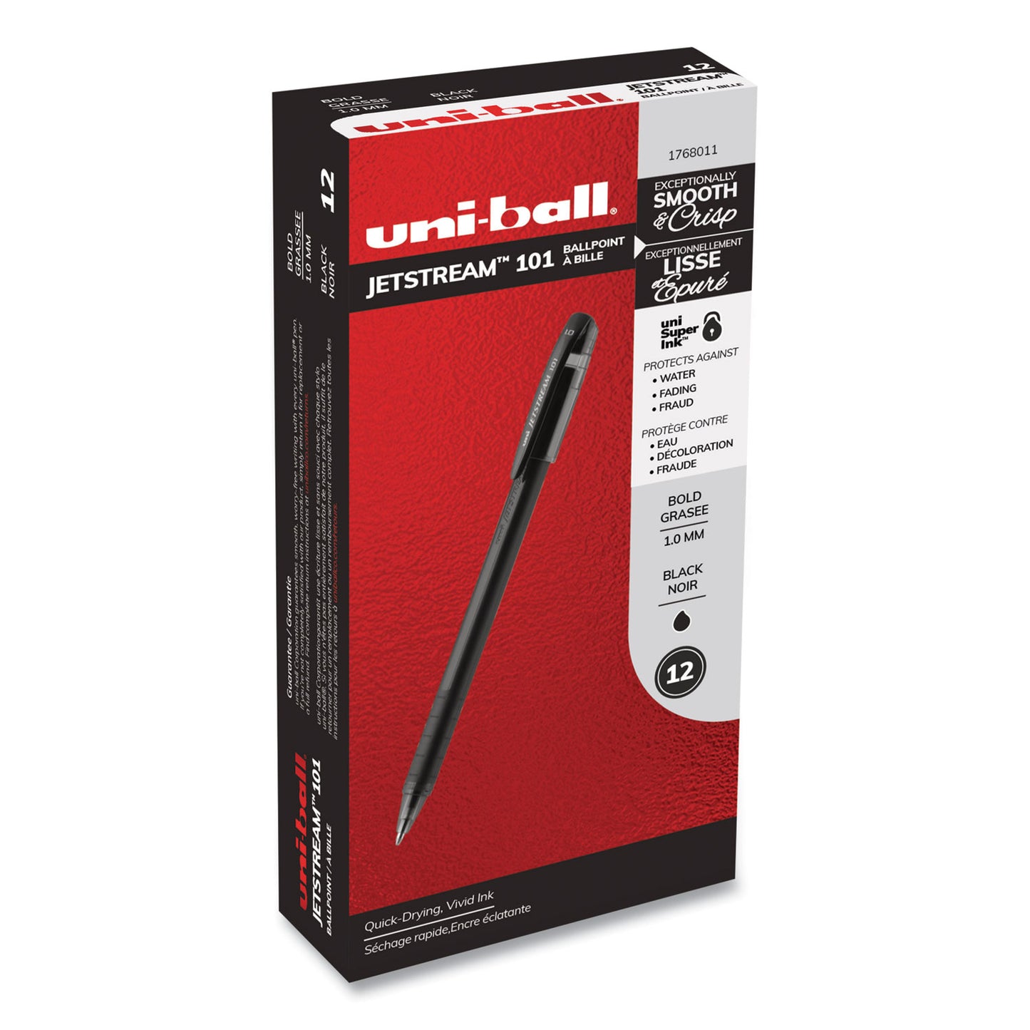 uni-ball Jetstream 101 Hybrid Gel Pen, Stick, Bold 1 mm, Black Ink, Black Barrel, Dozen (1768011)
