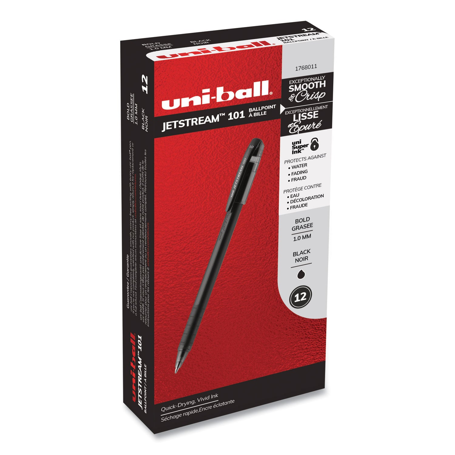 uni-ball Jetstream 101 Hybrid Gel Pen, Stick, Bold 1 mm, Black Ink, Black Barrel, Dozen (1768011)