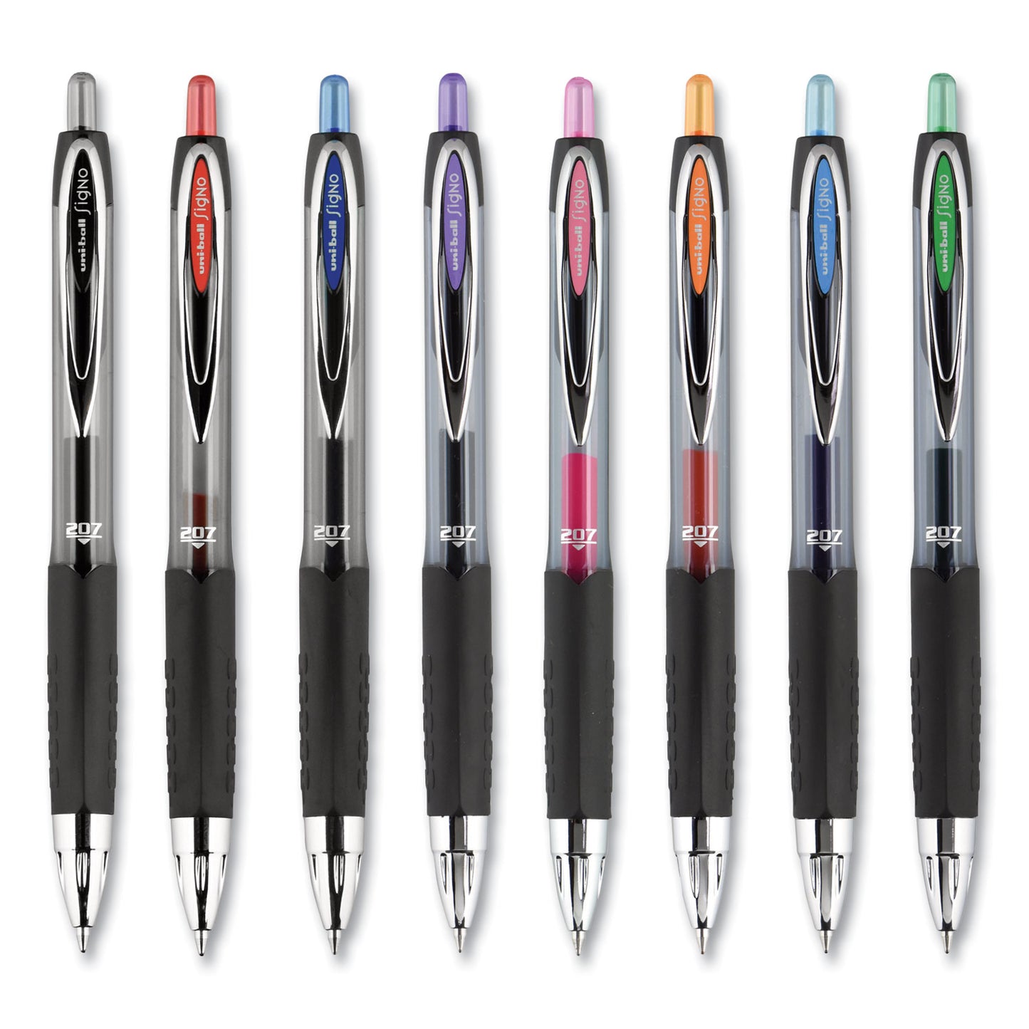 uni-ball Signo 207 Gel Pen, Retractable, Medium 0.7 mm, Blue Ink, Smoke/Black/Blue Barrel, 4/Pack (45532PP)