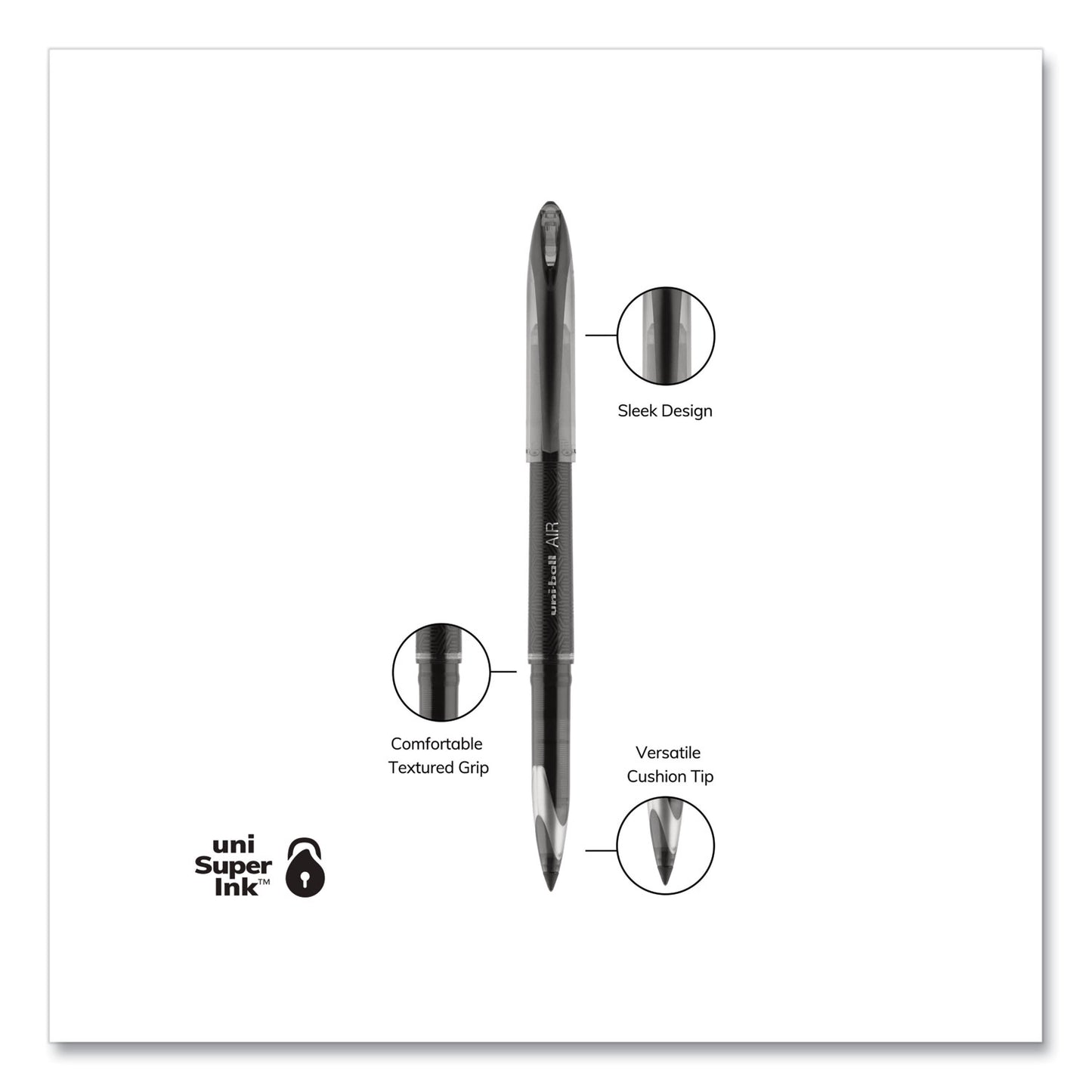 uni-ball AIR Porous Gel Pen, Stick, Medium 0.7 mm, Black Ink, Black Barrel, 3/Pack (1926808)