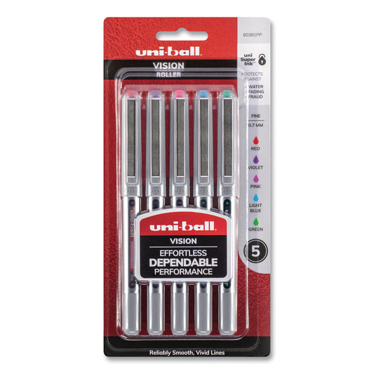 uni-ball VISION Roller Ball Pen, Stick, Fine 0.7 mm, Assorted Ink and Barrel Colors, 5/Pack (60381PP)