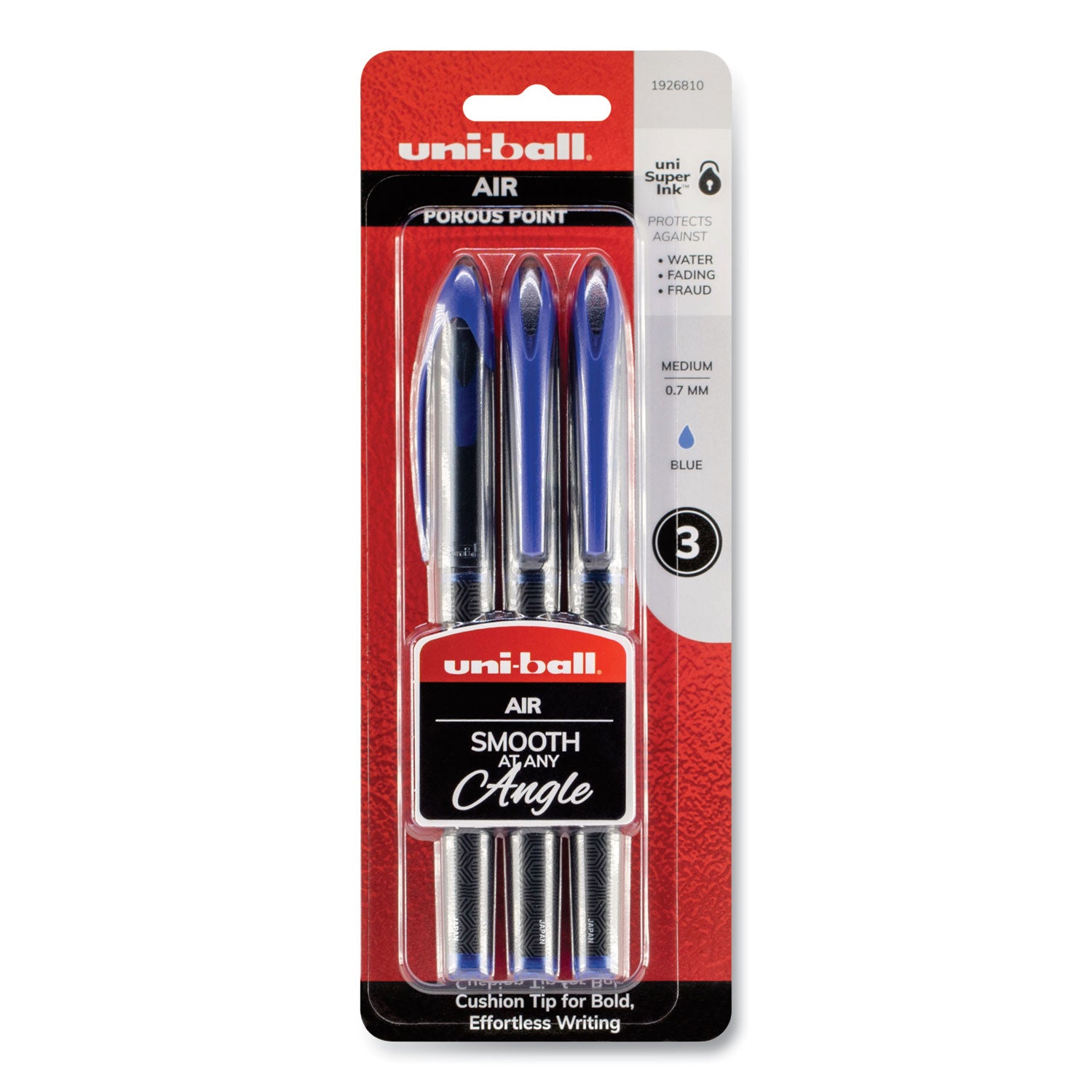 uni-ball AIR Porous Gel Pen, Stick, Medium 0.7 mm, Blue Ink, Black/Blue Barrel, 3/Pack (1926810)