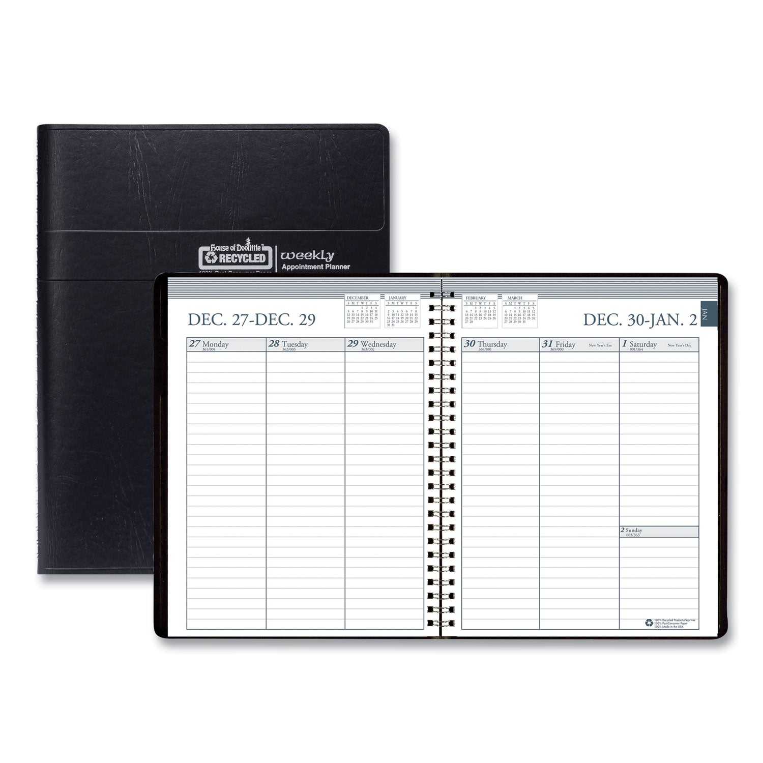 House of Doolittle Recycled Weekly Appointment Book Ruled without Appointment Times, 8.75 x 6.88, Black Cover, 12-Month (Jan to Dec): 2025 (25802)