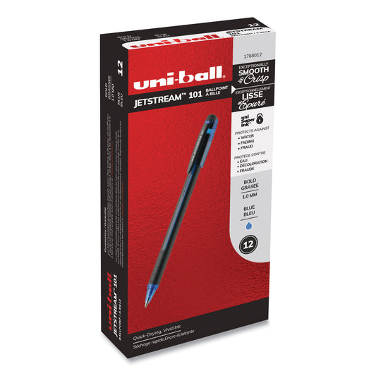 uni-ball Jetstream 101 Hybrid Gel Pen, Stick, Bold 1 mm, Blue Ink, Black/Blue Barrel, Dozen (1768012)