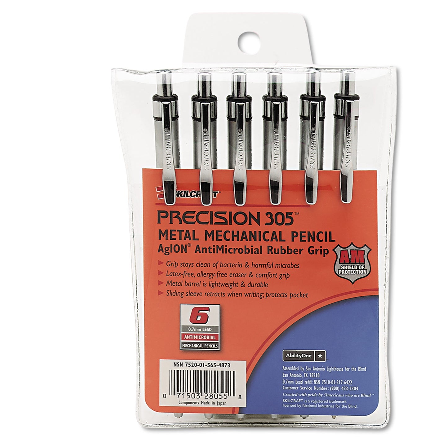 AbilityOne 7520015654873, SKILCRAFT Precision 305 Metal Barrel Mechanical Pencil, 0.7 mm, Black Lead, Silver Barrel, 6/Pack