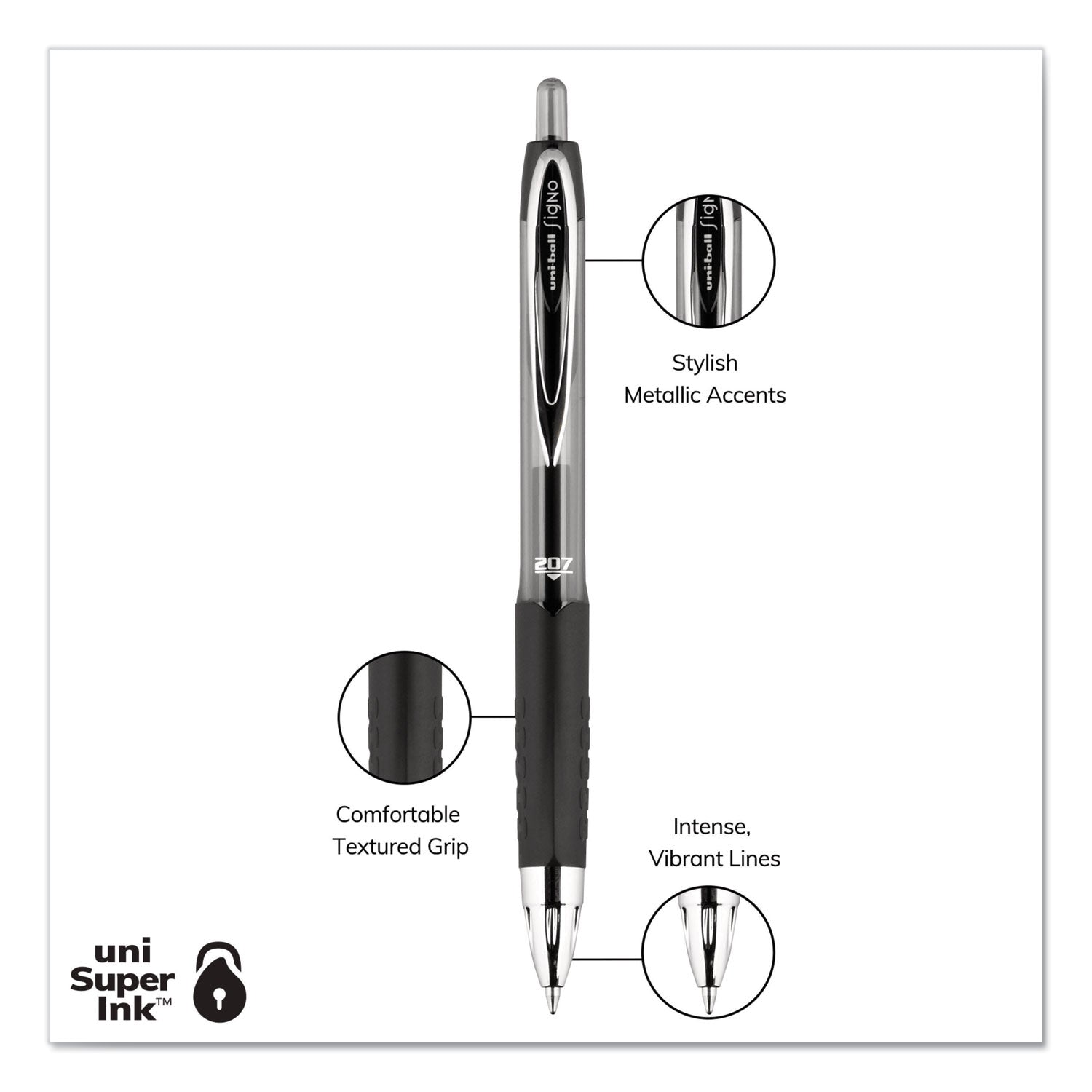 uni-ball Signo 207 Gel Pen, Retractable, Medium 0.7 mm, Black Ink, Clear/Black Barrel, 8/Pack (1756584)