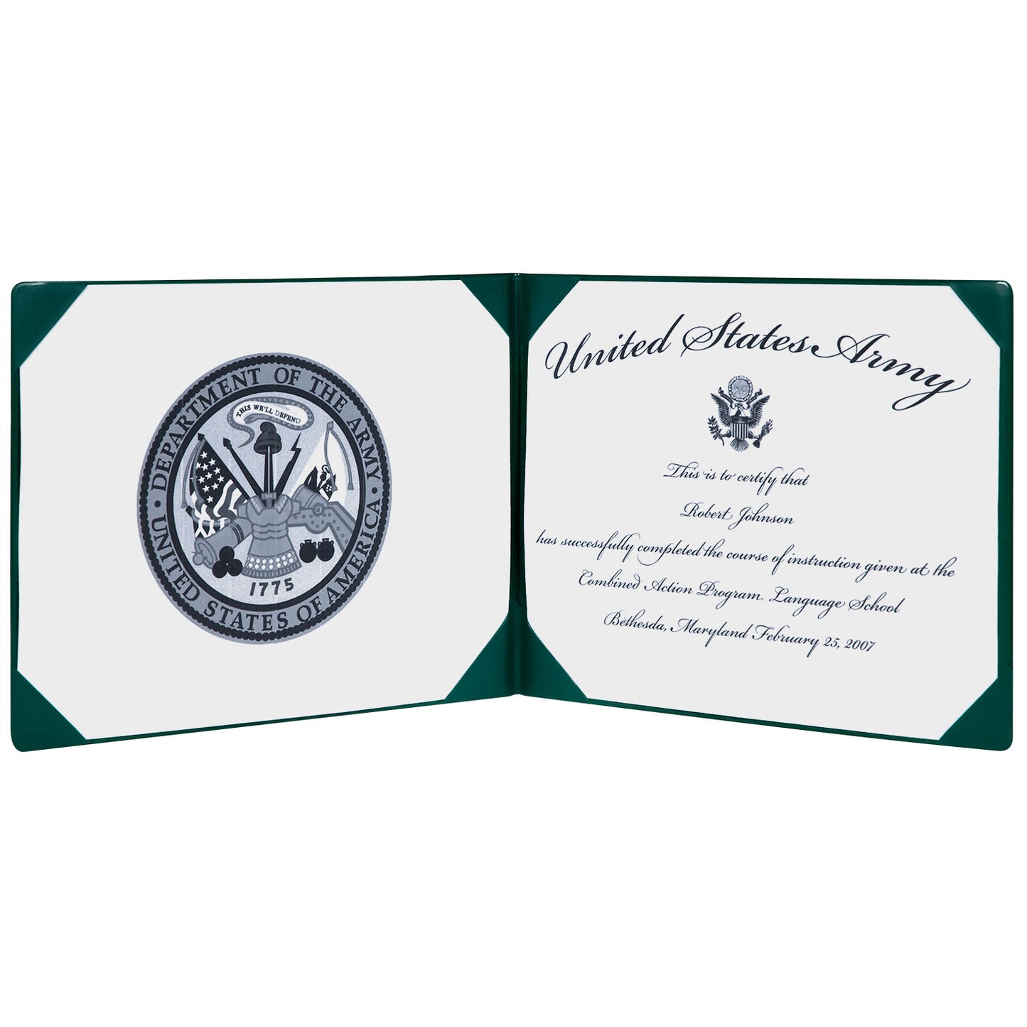 AbilityOne 7510007557077, SKILCRAFT Award Certificate Holder, 8.5 x 11, Army Seal, Green/Gold