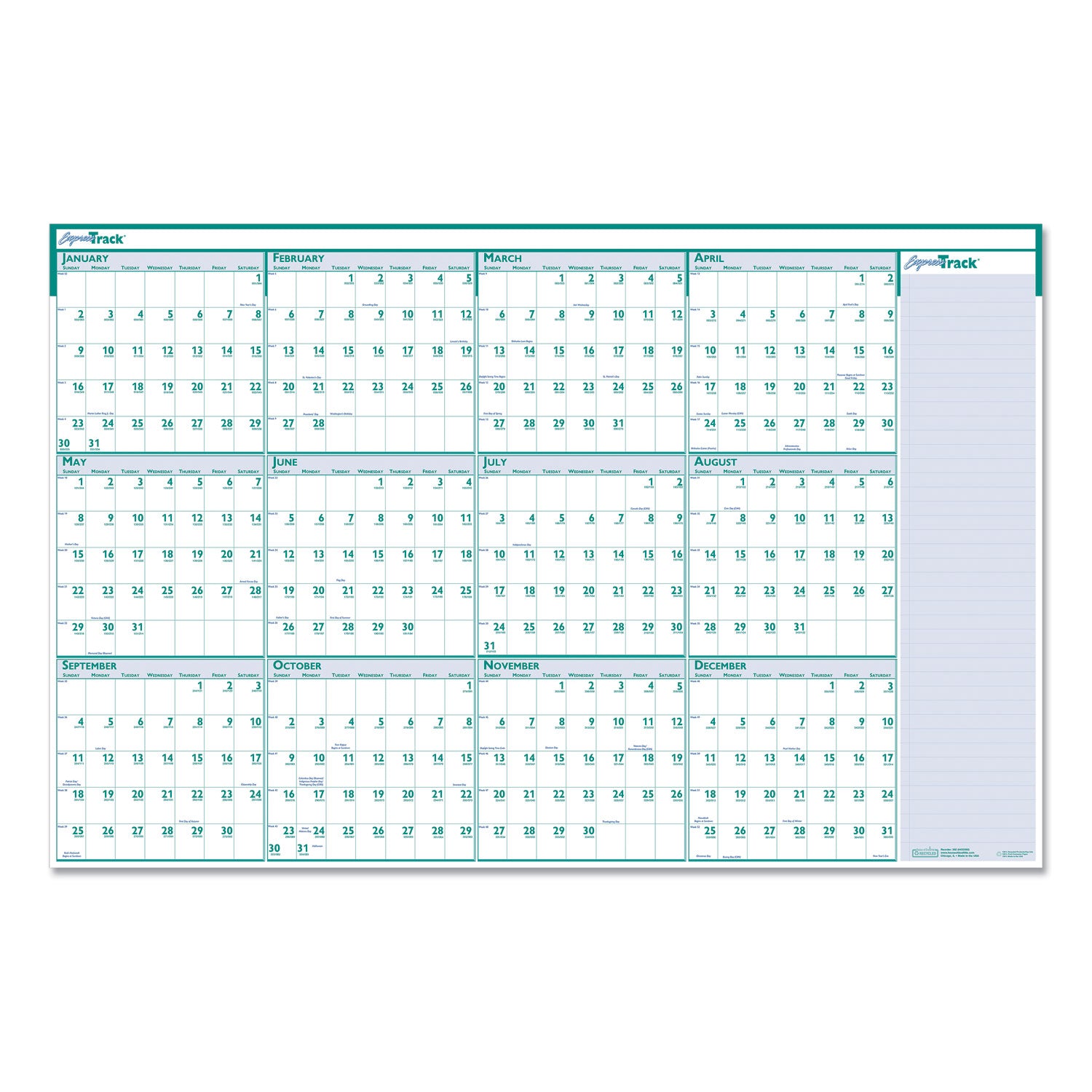 House of Doolittle Express Track Recycled Reversible/Erasable Yearly Wall Calendar, 24 x 37, White/Teal Sheets, 12-Month (Jan to Dec): 2025 (392)