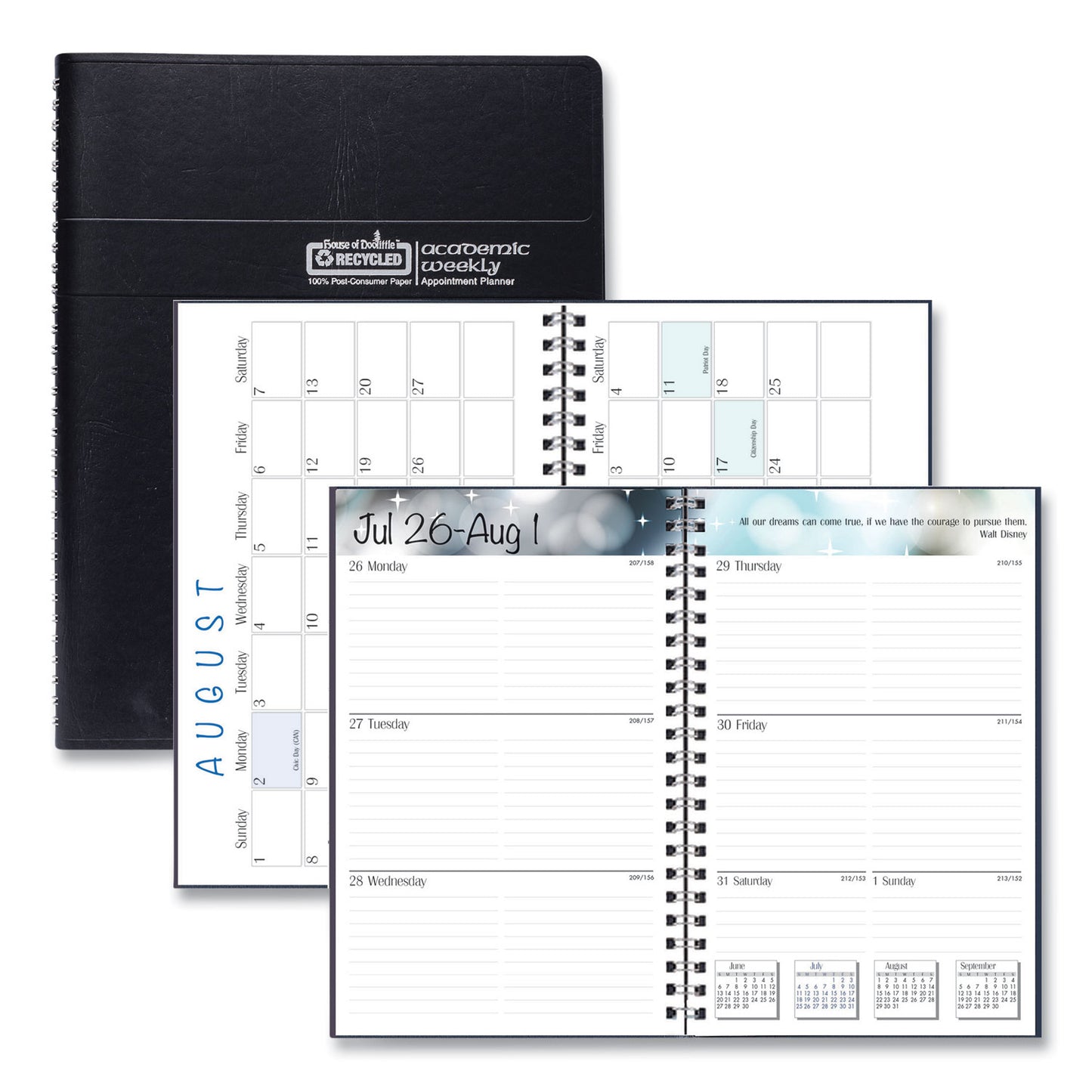 House of Doolittle Recycled Academic Weekly/Monthly Appointment Planner, 8 x 5, Black Cover, 13-Month (Aug to Aug): 2024 to 2025 (27502)