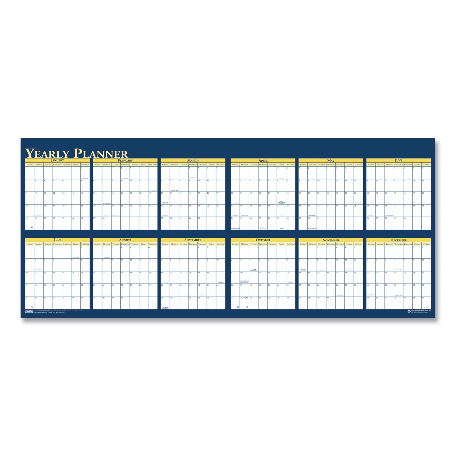 House of Doolittle Recycled Reversible Yearly Wall Planner, 60 x 26, White/Blue/Yellow Sheets, 12-Month (Jan to Dec): 2025 (3974)