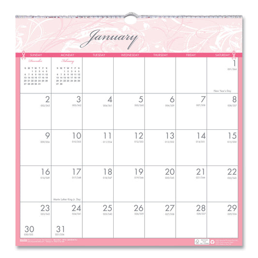 House of Doolittle Recycled Monthly Wall Calendar, Breast Cancer Awareness Artwork, 12 x 12, White/Pink/Gray Sheets, 12-Month (Jan-Dec): 2025 (3671)