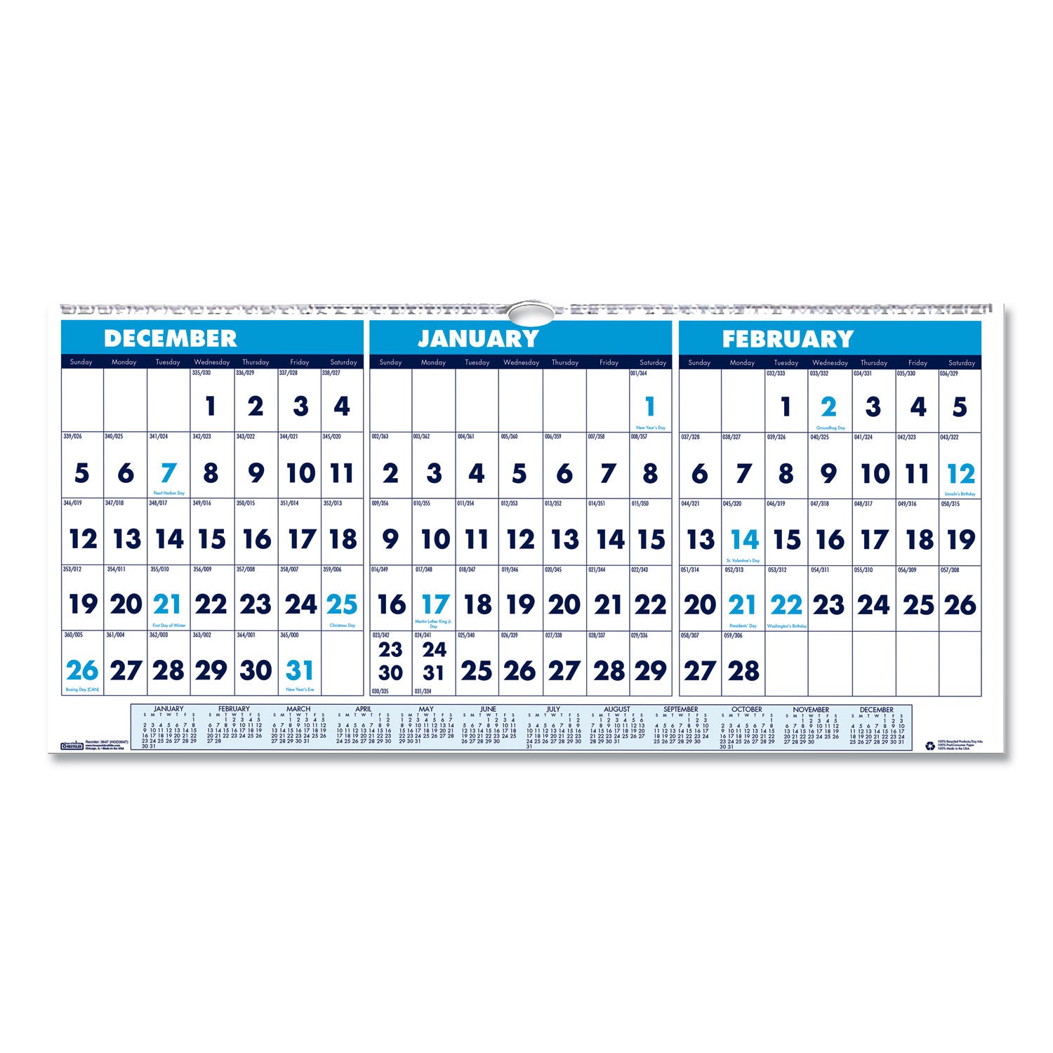 House of Doolittle Recycled Three-Month Format Wall Calendar, Horizontal Orientation, 17 x 8, White Sheets, 14-Month: Dec 2024 to Jan 2026 (3647)