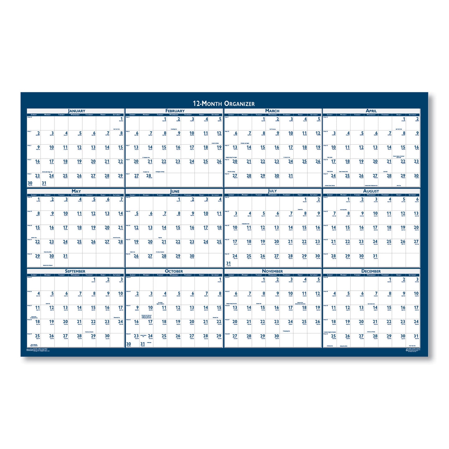 House of Doolittle Recycled Poster Style Reversible/Erasable Yearly Wall Calendar, 66 x 33, White/Blue/Gray Sheets, 12-Month (Jan to Dec): 2025 (3962)