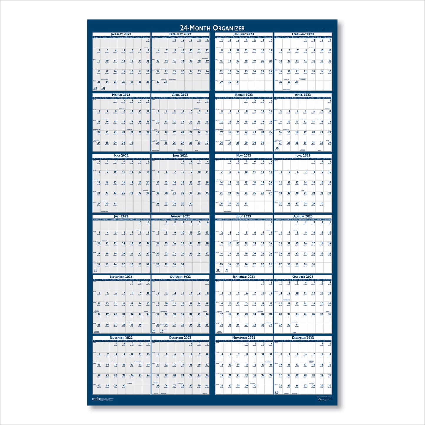 House of Doolittle Reversible/Erasable Two-Year Wall Calendar, 24 x 37, Light Blue/Blue/White Sheets, 24-Month: Jan 2025 to Dec 2026 (3964)