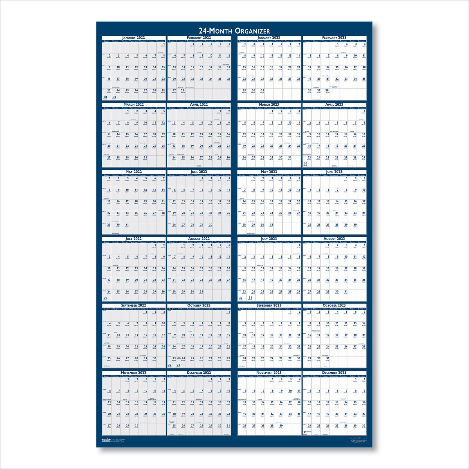 House of Doolittle Reversible/Erasable Two-Year Wall Calendar, 24 x 37, Light Blue/Blue/White Sheets, 24-Month: Jan 2025 to Dec 2026 (3964)