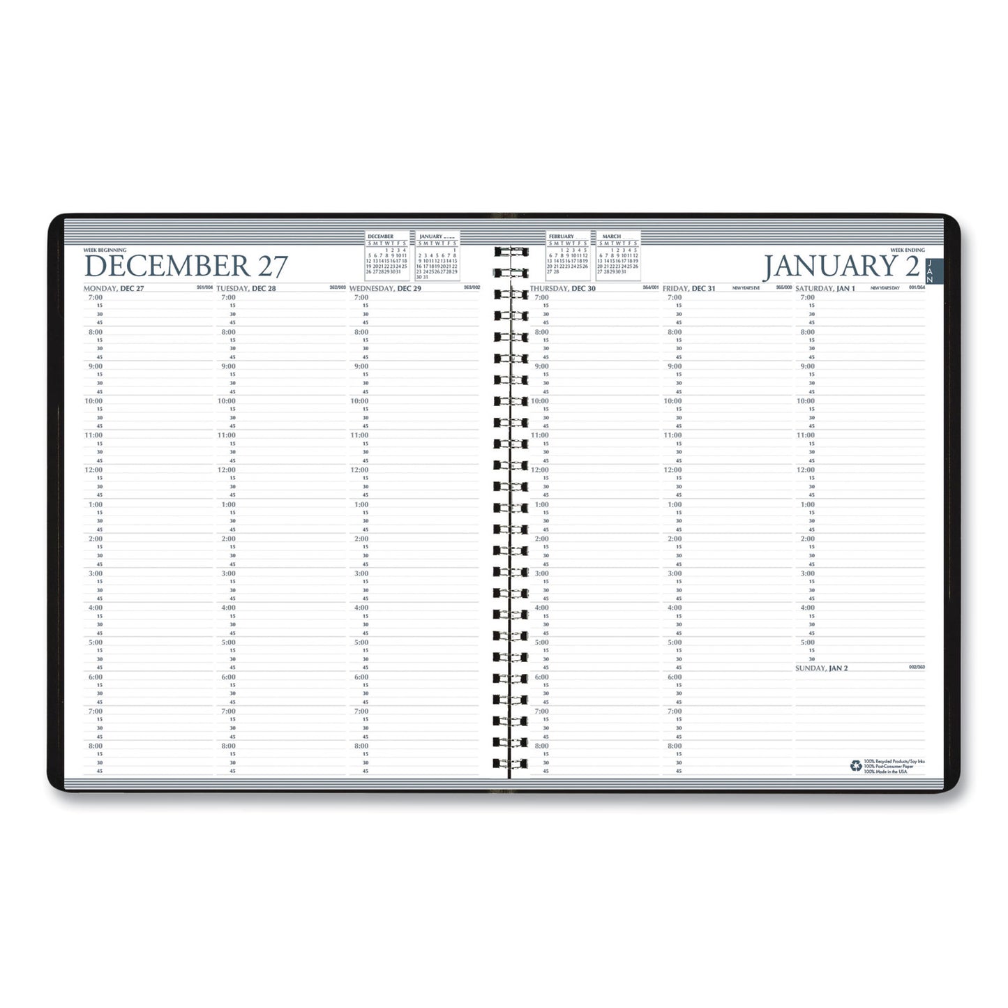 House of Doolittle Recycled Professional Weekly Planner, 15-Minute Appts, 11 x 8.5, Black Wirebound Soft Cover, 24-Month: Jan 2025 to Dec 2026 (272002)