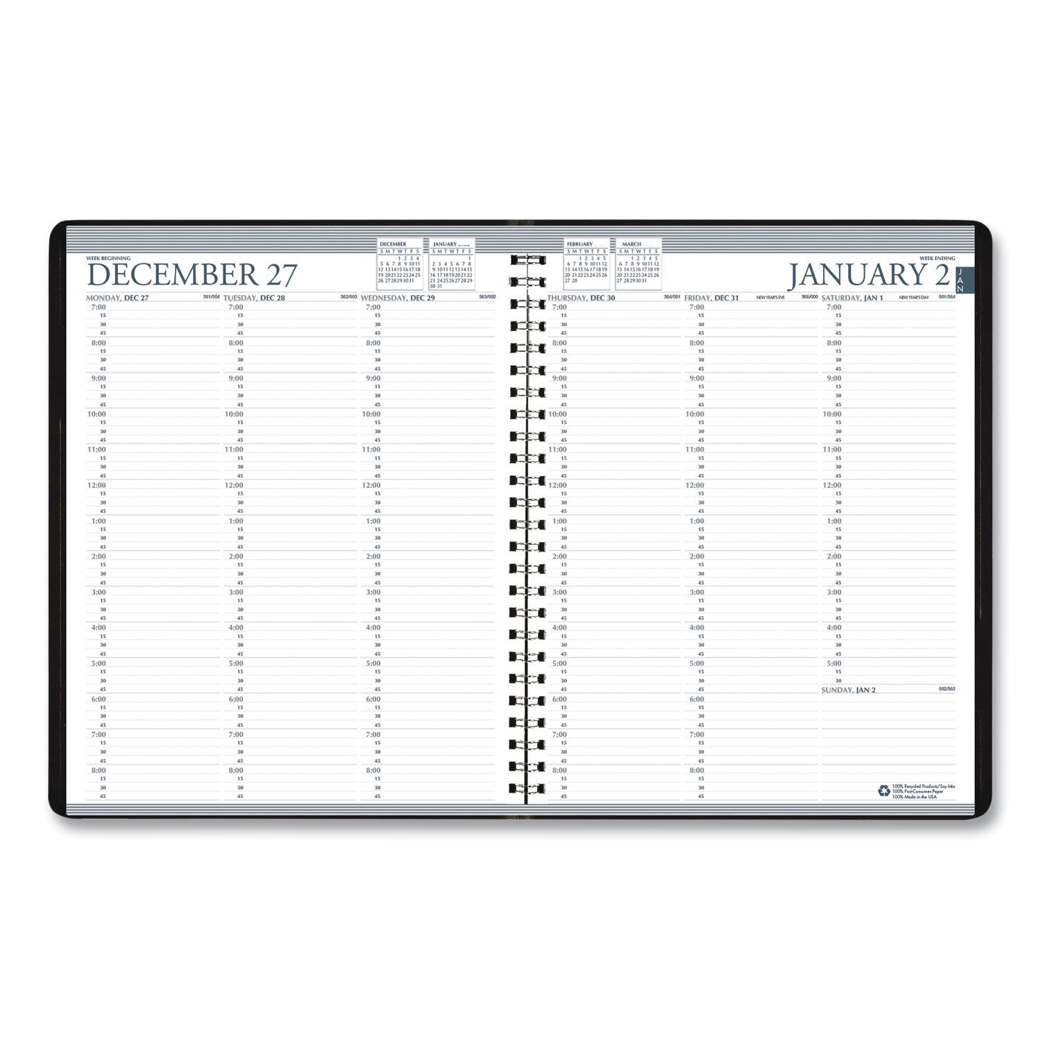 House of Doolittle Recycled Professional Weekly Planner, 15-Minute Appts, 11 x 8.5, Black Wirebound Soft Cover, 24-Month: Jan 2025 to Dec 2026 (272002)