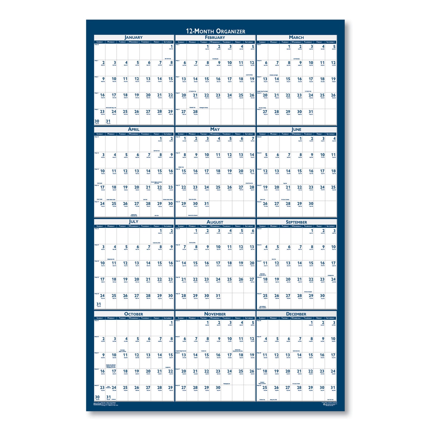 House of Doolittle Recycled Poster Style Reversible/Erasable Yearly Wall Calendar, 32 x 48, White/Blue/Gray Sheets, 12-Month (Jan to Dec): 2025 (3961)