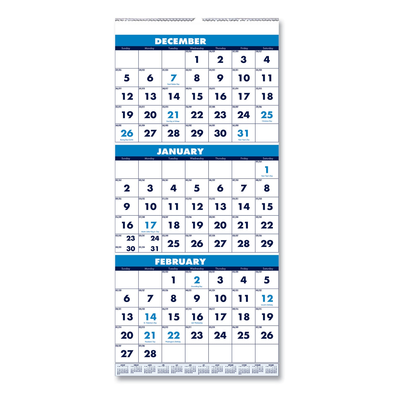 House of Doolittle Recycled Three-Month Format Wall Calendar, Vertical Orientation, 8 x 17, White Sheets, 14-Month: Dec 2024 to Jan 2026 (3646)