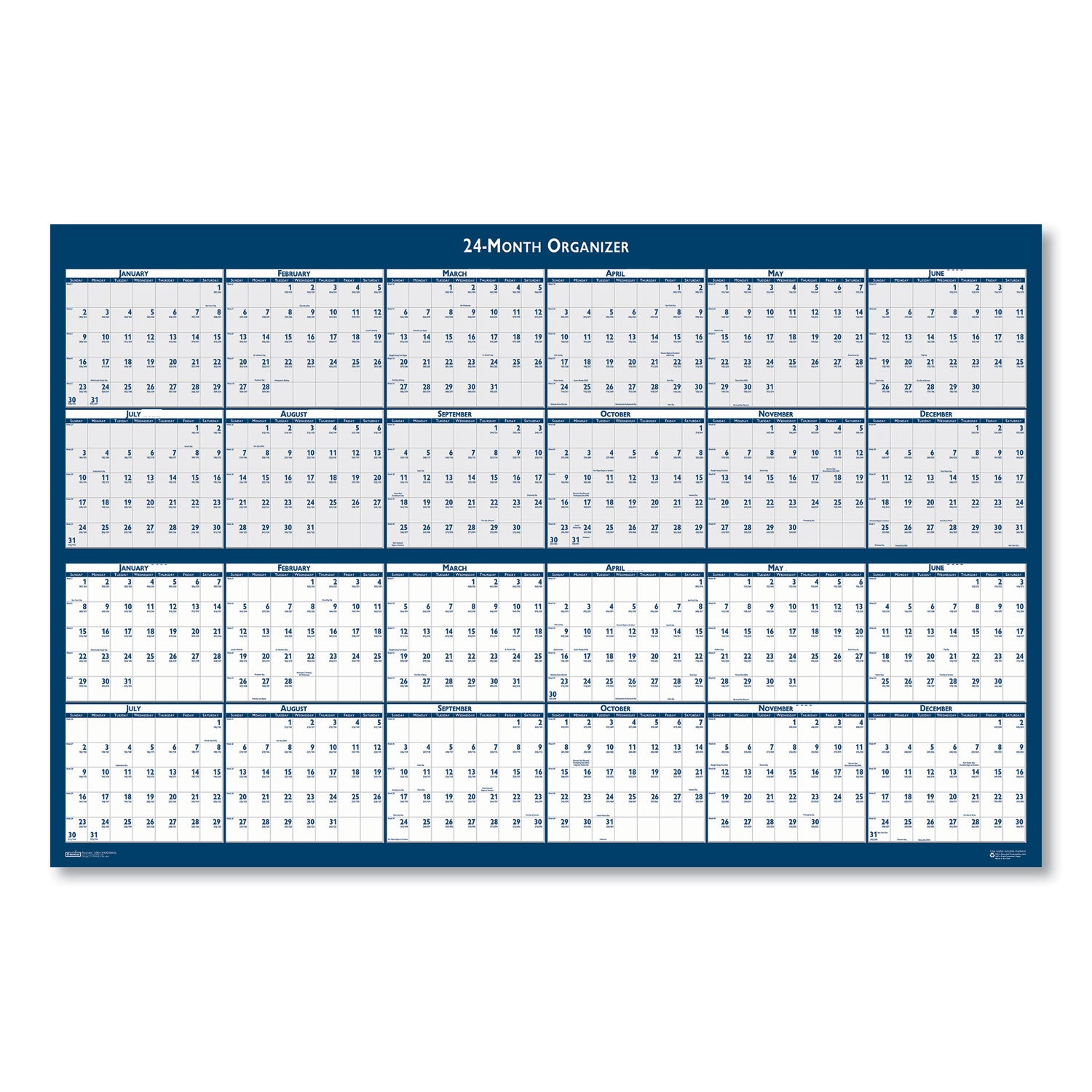 House of Doolittle Reversible/Erasable Two-Year Wall Calendar, 24 x 37, Light Blue/Blue/White Sheets, 24-Month: Jan 2025 to Dec 2026 (3964)