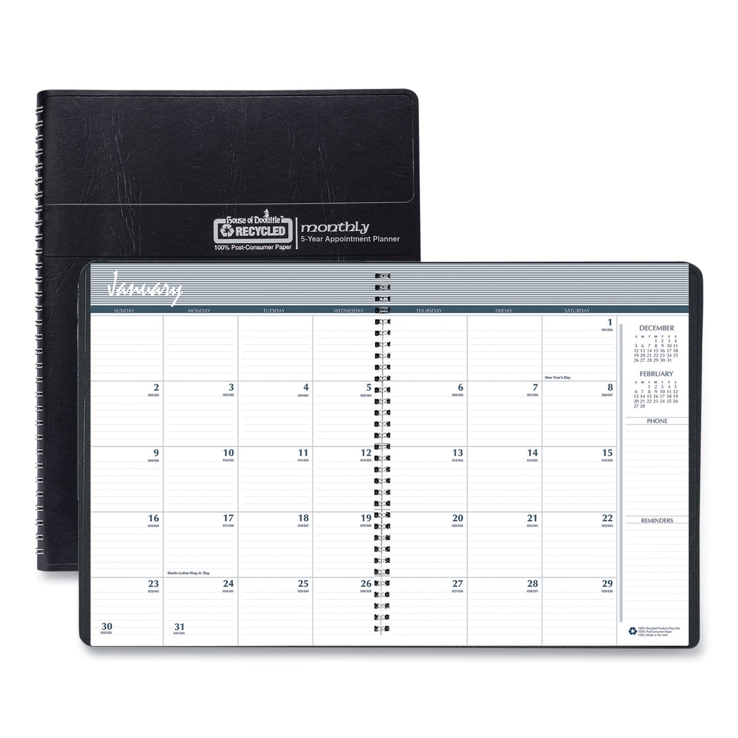 House of Doolittle Recycled Monthly 5-Year/62-Month Planner, 11 x 8.5, Black Cover, 62-Month: Dec 2024 to Jan 2030 (262502)