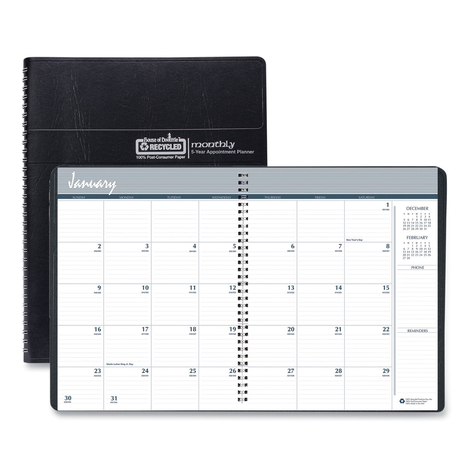 House of Doolittle Recycled Monthly 5-Year/62-Month Planner, 11 x 8.5, Black Cover, 62-Month: Dec 2024 to Jan 2030 (262502)
