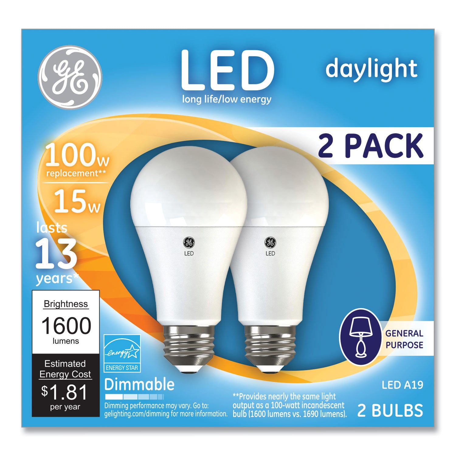 GE 100W LED Bulbs, A19, 15 W, Daylight, 2/Pack (93127672)