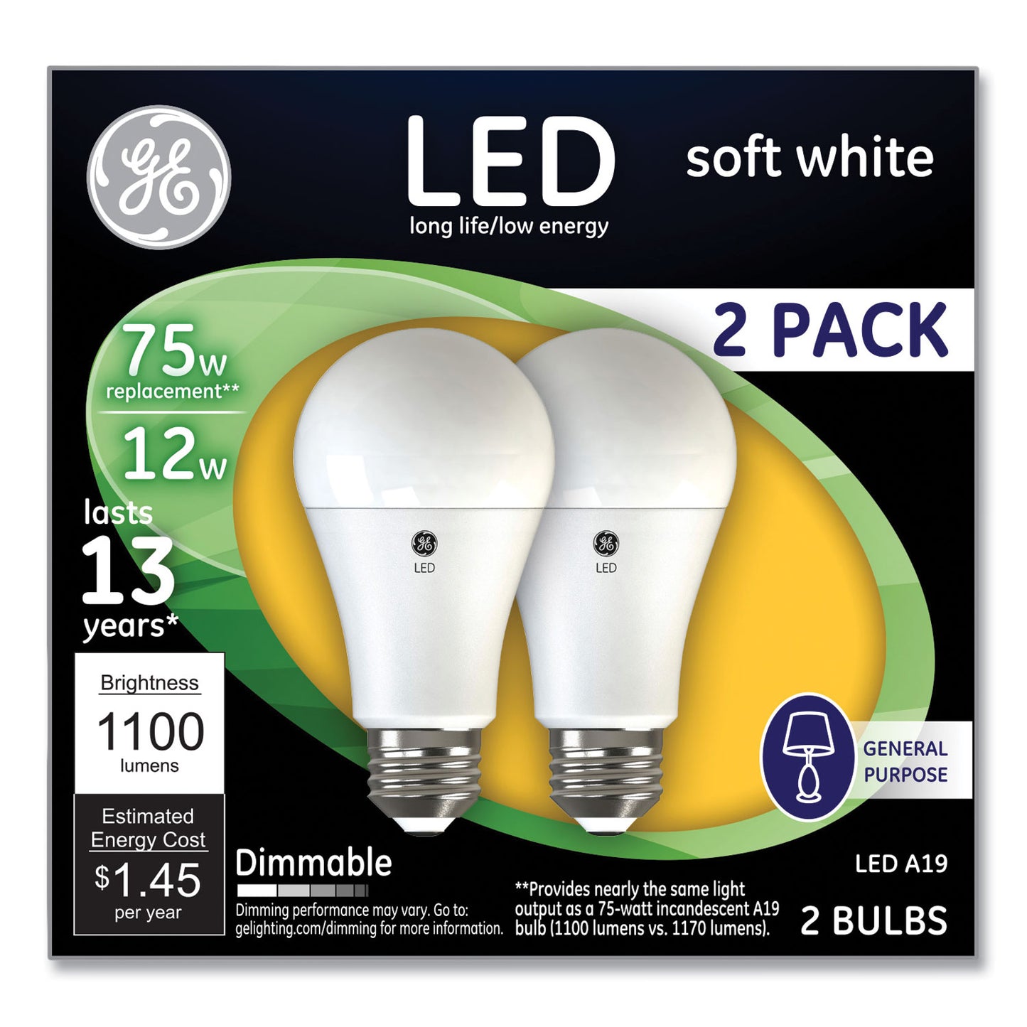 GE 75W LED Bulbs, A19, 12 W, Soft White, 2/Pack (93127324)