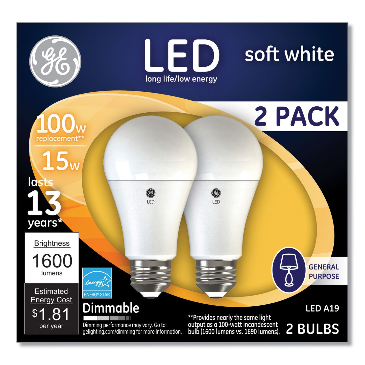 GE 100W LED Bulbs, A19, 15 W, Soft White, 2/Pack (93127668)